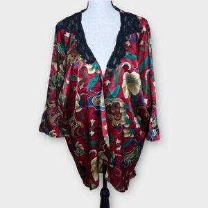 Vintage Victorias Secret‎ Gold Label Floral Kimono Red Black Lace Trim Medium SM